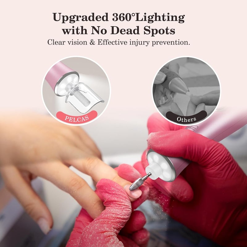 PELCAS Electric Nail File, 10 Speeds Cordless Nail Drill Kit with LED Light, Professional Nail Grinder with LCD Screen Portable e File for Human, Pet, Thick Toenails, Natural & Acrylic Nails Pink - Image 4